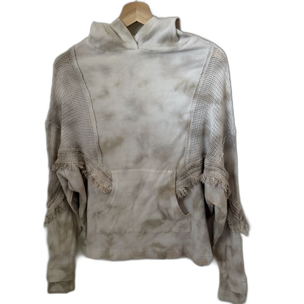 Gimmicks Womens Tie Dye Hoodie Cream Fringe Waffle Knit Boho Western Hippie S